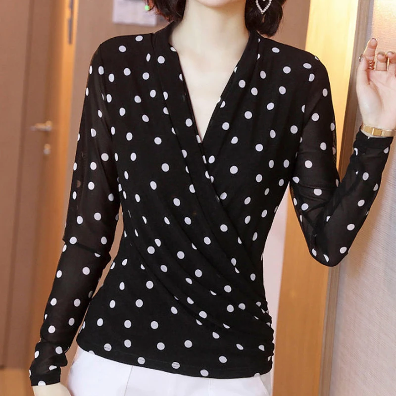 Spring Autumn Women Modern Latin Costume Casual V-Neck Black Dot Printed Lace Suit Bottoming Shirt