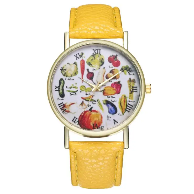 

Fashion Children Quartz Watch Girl Red Leather Strap Vegetables Fruit Roman Scale Golden Alloy Dial Kids Watches Boy Clock T57-A