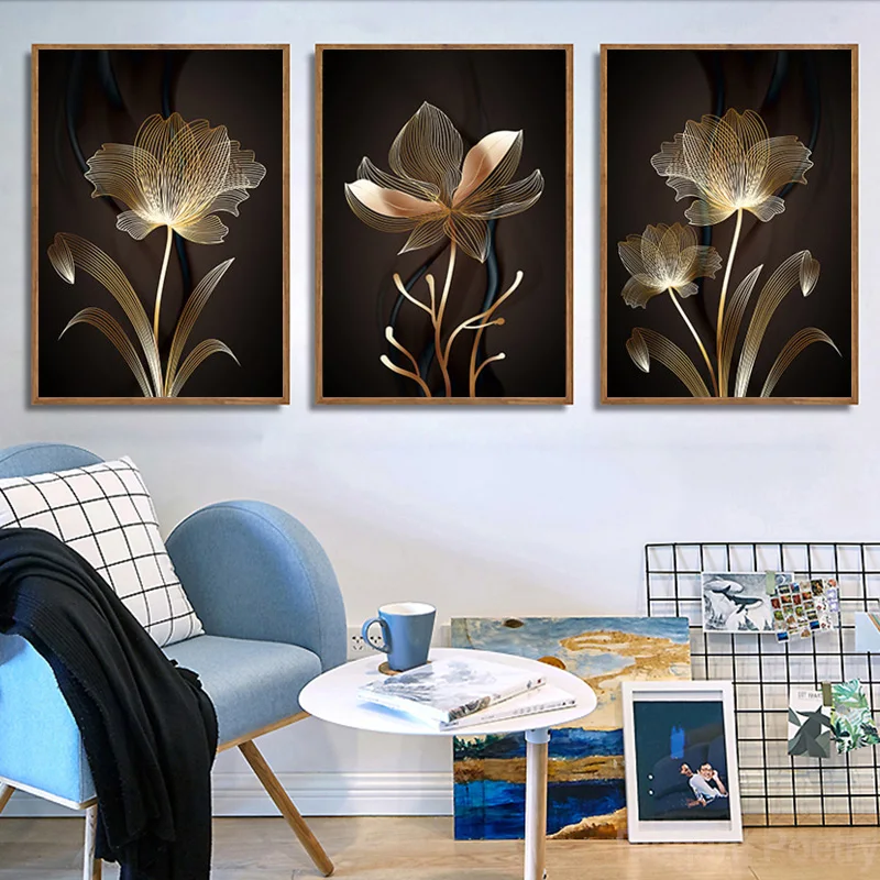 Abstract Golden Flower Plant Picture Wall Poster Modern Style Canvas Painting Posters and Prints Living Room Unique Decoration | Дом и сад