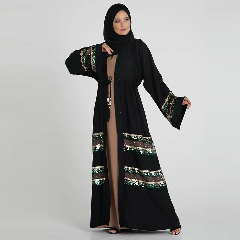 

Мусульманская абайя с блестками украшение Дубай турецкий кардиган халат арабский с длинными рукавами Тонкий секционный женский халат краф...