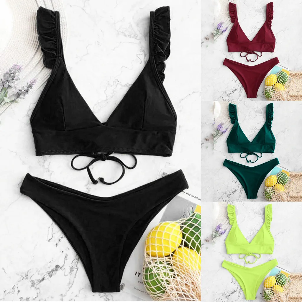 

Women High Cut V Neck Swimsuit Solid color separates Brazilian Bikini Swimwear Swimsuit Beachwear купальники женские бикини