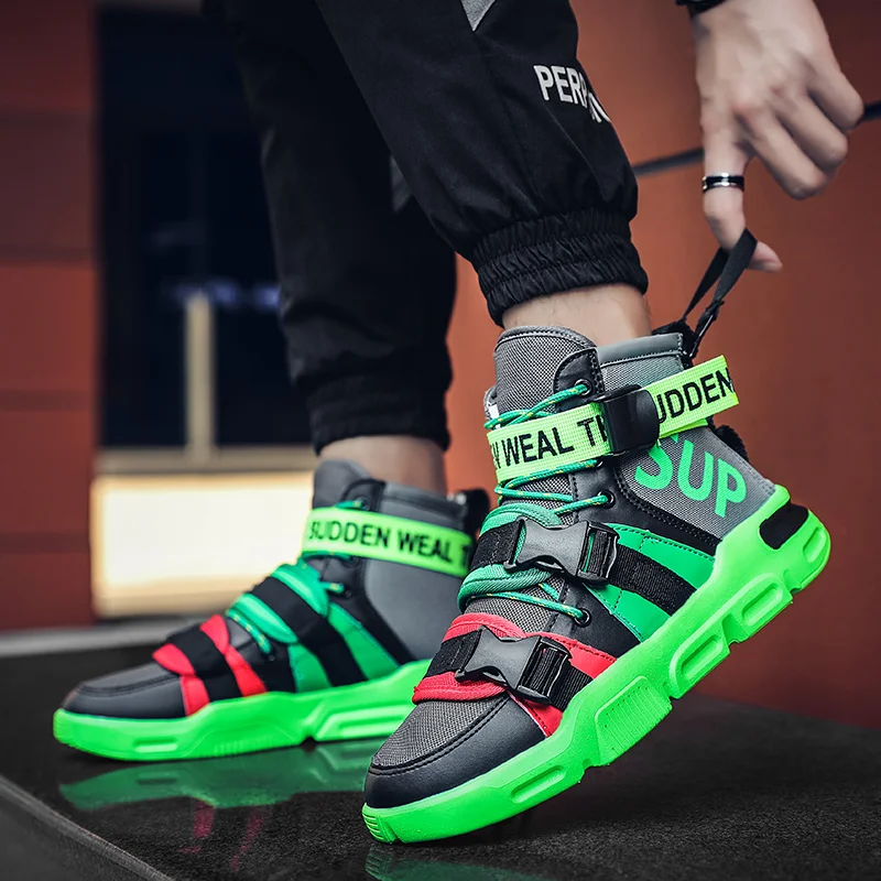 

Men's Spring Autumn Leather Mesh Splicing High Top Casual Sports Shoes Thick Bottom Non Slip Color Matching Casual Board Shoes