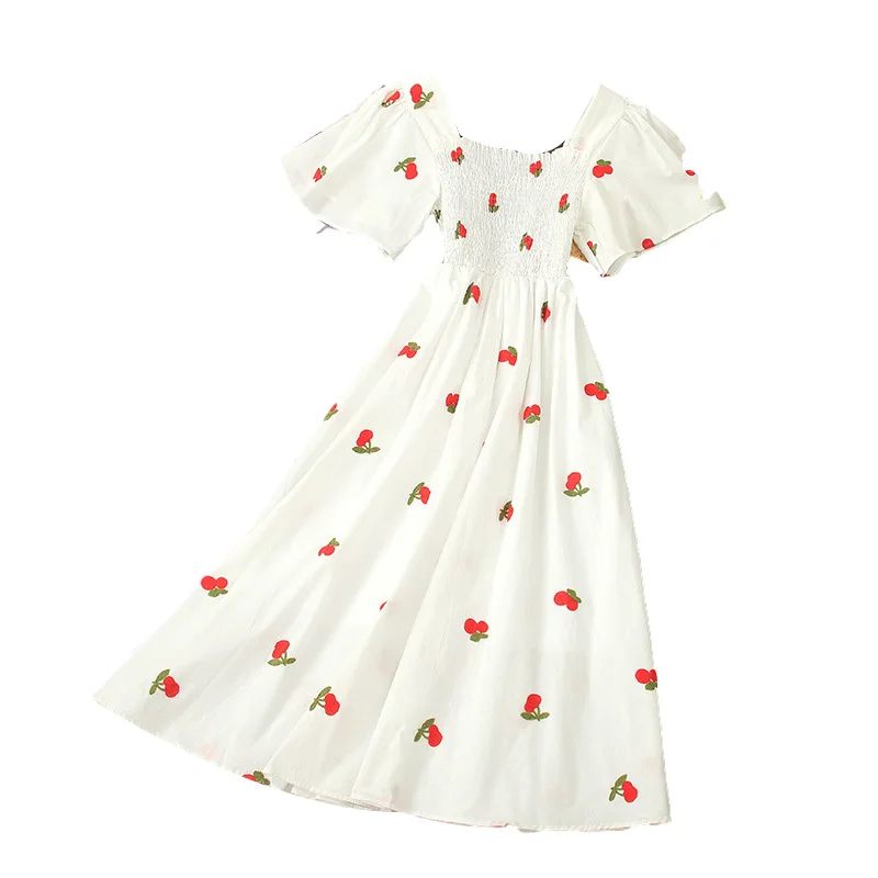 

2020 Summer New Fairy Temperament Thin Dress Sweet Cherry Fruit Embroidered Vestidos Female Korean Style UK055