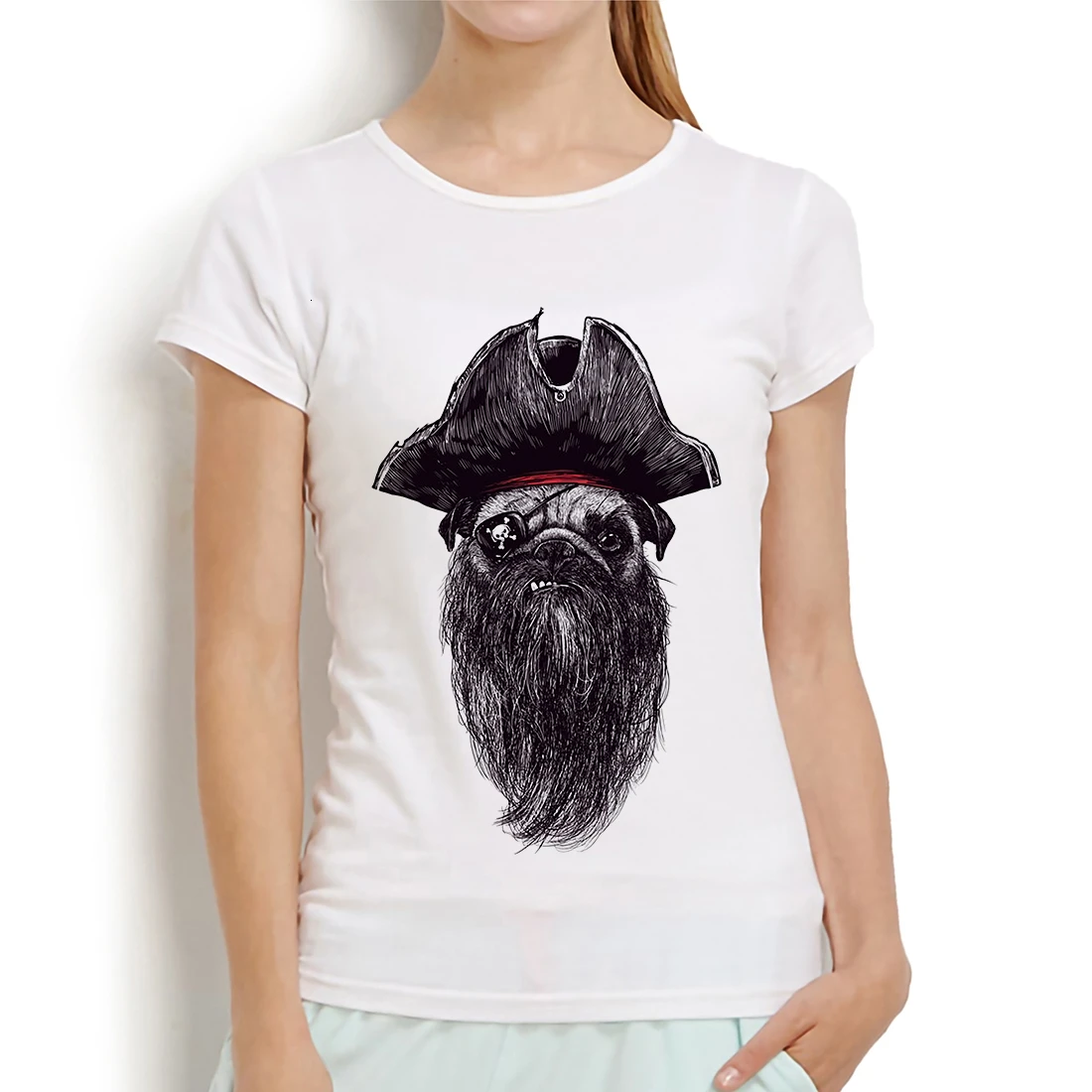 Забавная женская футболка с пиратом черной бородой Мопсом собакой новая белая