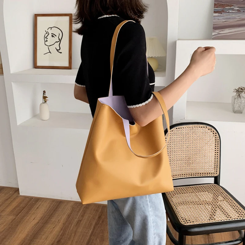 

Сумка-тоут женская из экокожи, модный однотонный саквояж на плечо, простая стильная повседневная вместительная сумочка для покупок на кажд...