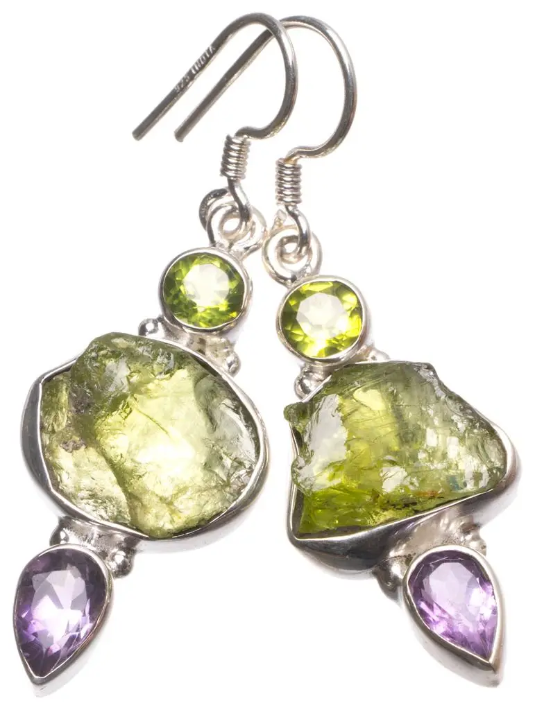 Natural Green Amethyst Rough Peridot&ampAmethyst Handmade Boho 925 Silver Earrings 1.75&quot U0932 | Украшения и аксессуары
