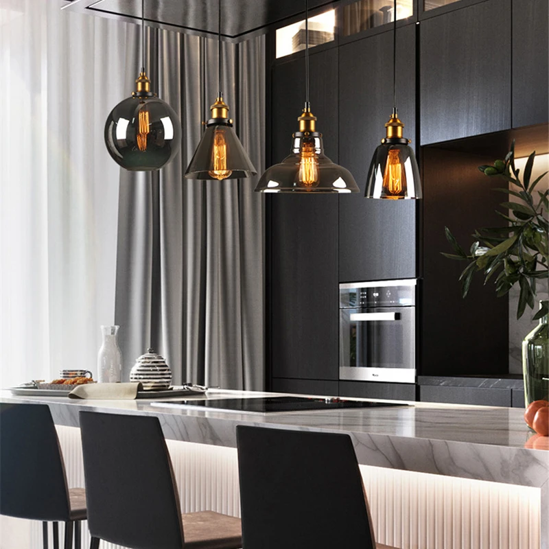 Винтажный подвесной светильник E27 из янтарного дымчато-серого стекла, современный светодиодный светильник в скандинавском стиле для столо... от AliExpress RU&CIS NEW