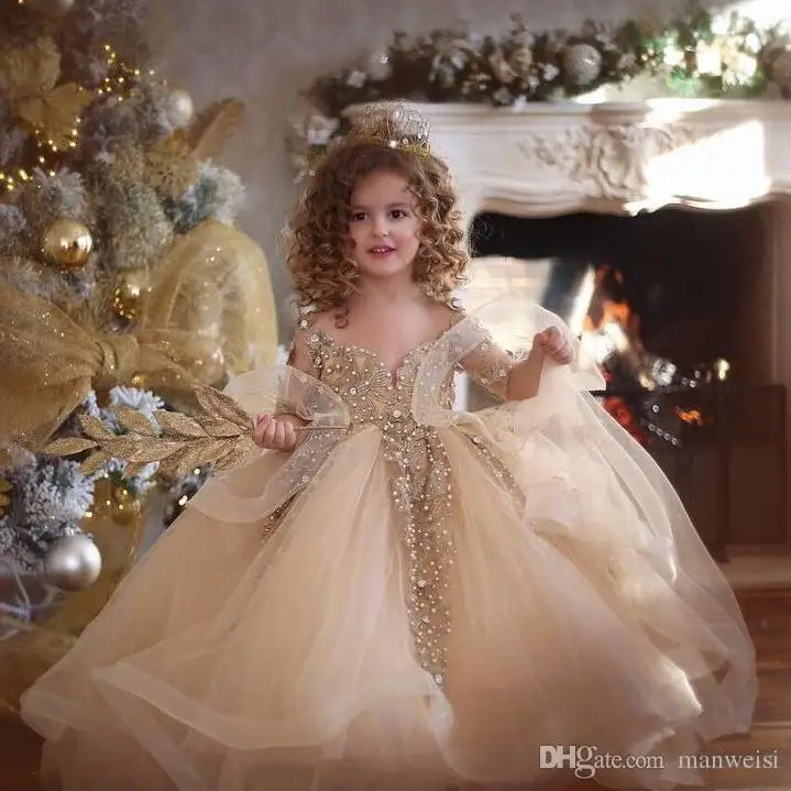 

Шампанское бальное платье Цветочные платья для девочек на свадьбу с длинным рукавом кристаллы для маленьких детей малышей нарядное платье