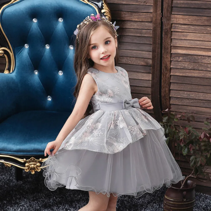 2019 Autumn New Baby Girl Princess Dress Children Sleeveless Gauze Embroidered Lace O-neck Soild Cotton Bow Knee Full | Детская одежда