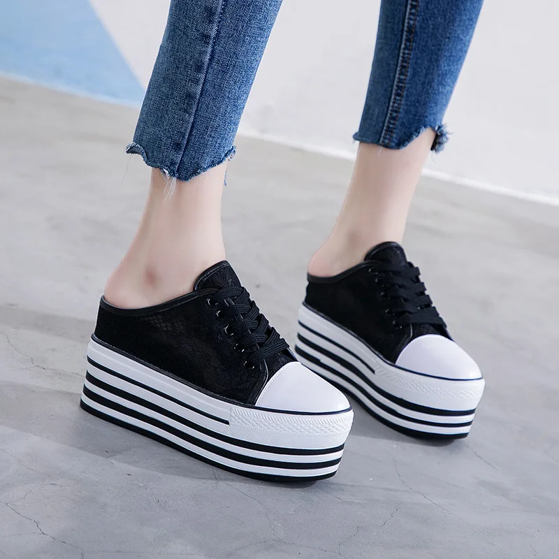 New Lace Sneakers Wedges Platform Shoes Half Slippers Mules Shoes Women Chunky Heels Casuales Black White Shoes Woman Slippers