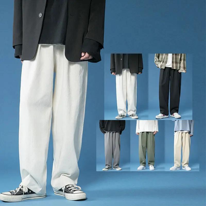 

Spring Summer Cotton Wide-leg Pants Men's Fashion Casual Pants Men Streetwear Korean Loose Hip-hop Straight Pants Mens Trousers