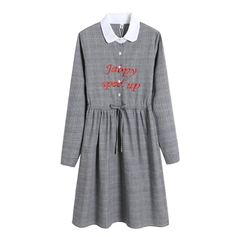 

2021 Mori Girl Spring Women Vintage Plaid Dress Turn-Down Collar Letter Embroidery String Vestidos Long Sleeve Elegant Dresses