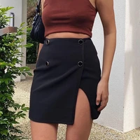 2021 new summer solid color button sexy fashion elegant short skirt stitching side slit high waist skirt black mini skirt