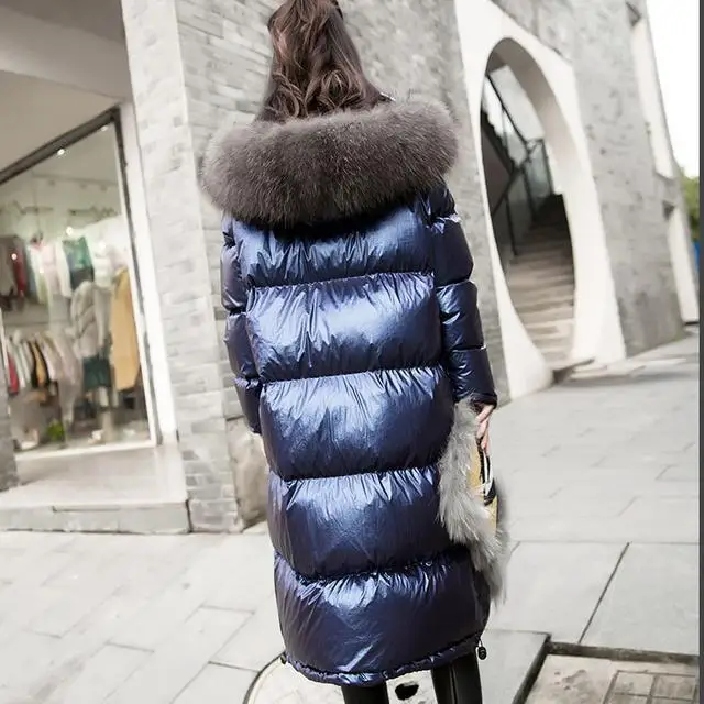 2019 Fashion Women Winter Down Jacket Chic Big Fur Warm Ultra Light Long Coat Female Parka Hooded Woman Glossy Jackets Oversized