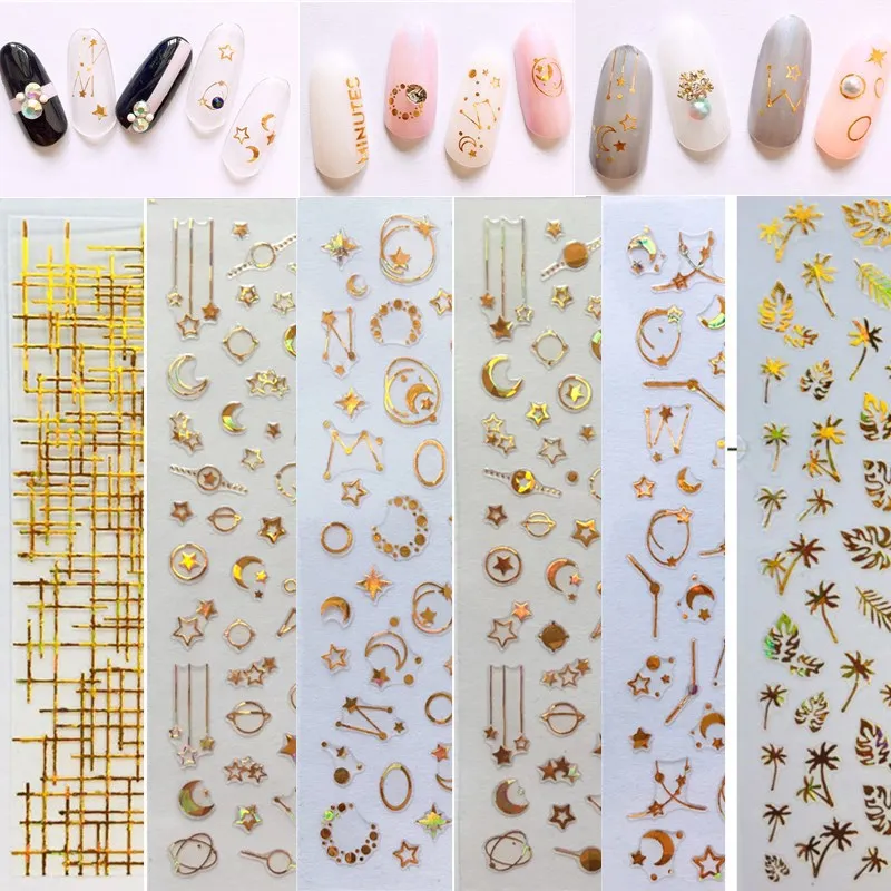 Геометрические узоры весенние наклейки для ногтей клей луна звезда золотые