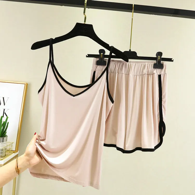 Korean modal color contrast suspender shorts home wear pajamas women's summer thin casual wear suit