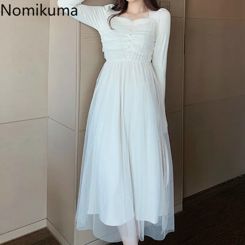 Nomikuma темпераментные элегантные марлевые платья осень новый квадратный воротник