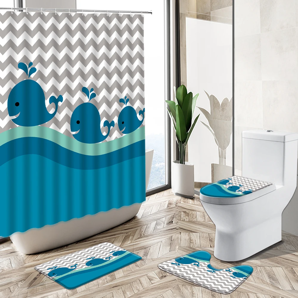 

Cartoon Ocean Animal Shower Curtain Fun Unicorn Whale Dolphin Fish Non-Slip Pedestal Rug Toilet Cover Bathroom Child Deco Set
