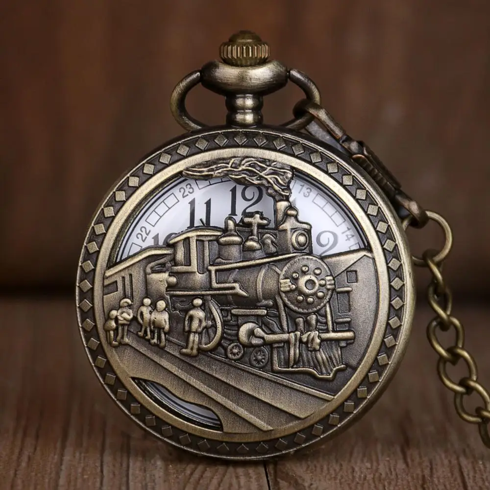 Antique Skeleton Pocket Watches Men Women Fashion Quartz Clock Bronze Train Design Alloy Pocket Watch With Chain Necklace