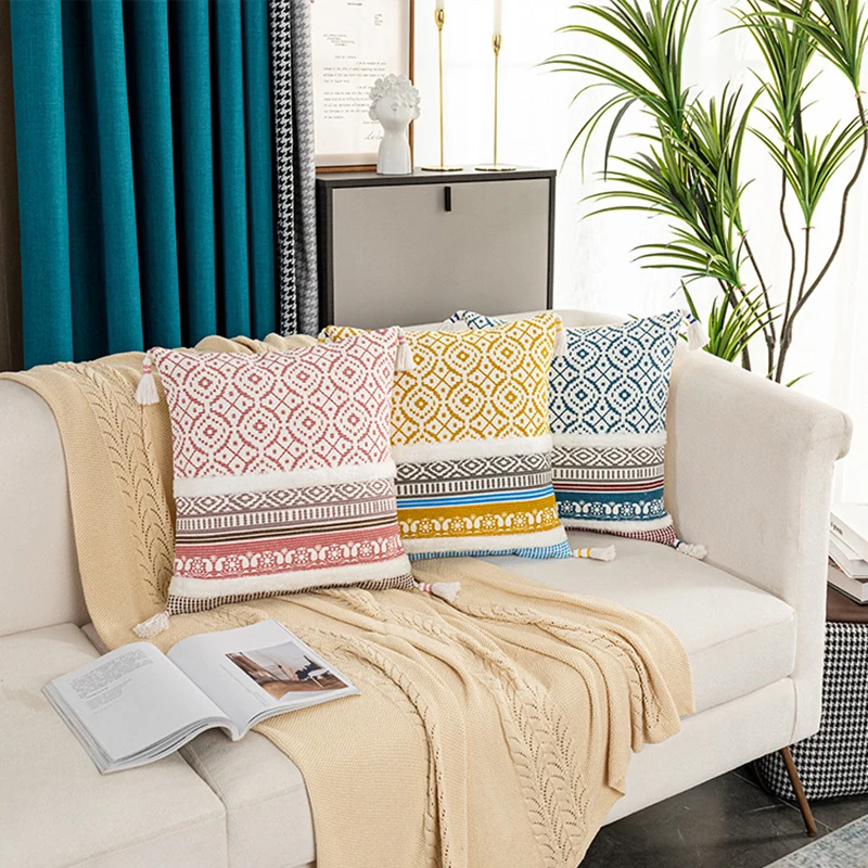 

Blue Yellow Pink cushion cover 45x45cm Tassels Moroccan Style pillow cover Woven Pillow Case for Home decoration Sofa Bed