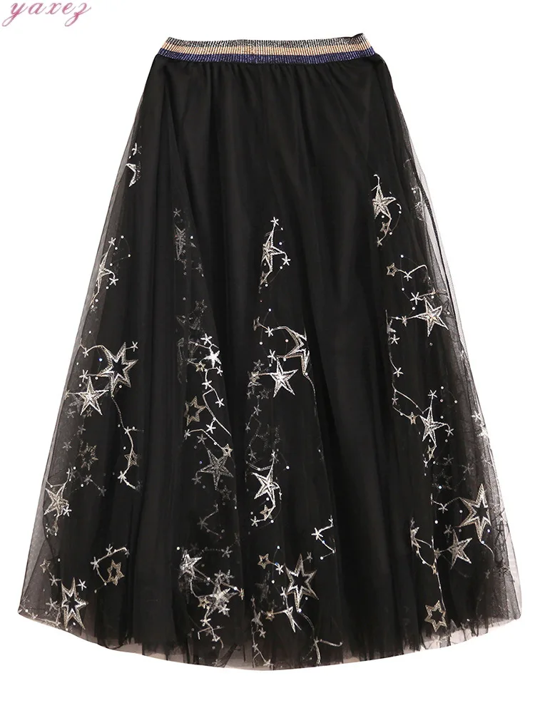Женские сетчатые юбки с вышивкой звездное небо пряжа пайетками Женская длинная