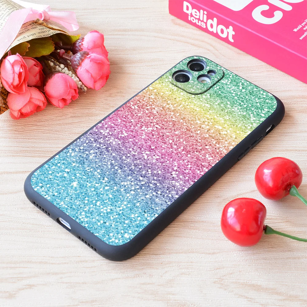 

For iPhone Rainbow Ombre Glitter Print Soft Matt Apple Case