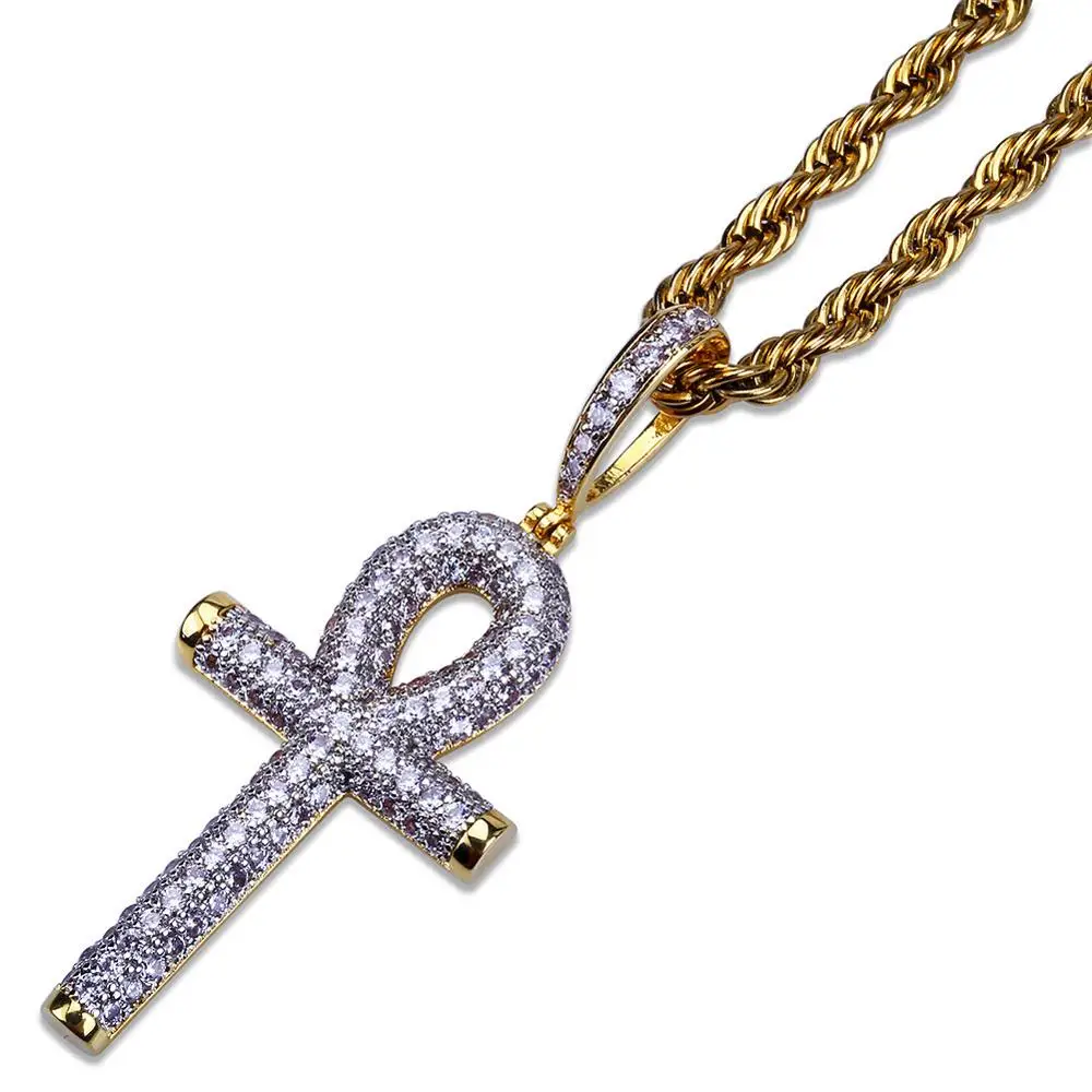 

Hip Hop Micro Paved AAA+ Cubic Zirconia Iced Out Bling Gold Silver Color Two Tone Ankh Cross Pendants Necklace for Men Jewelry