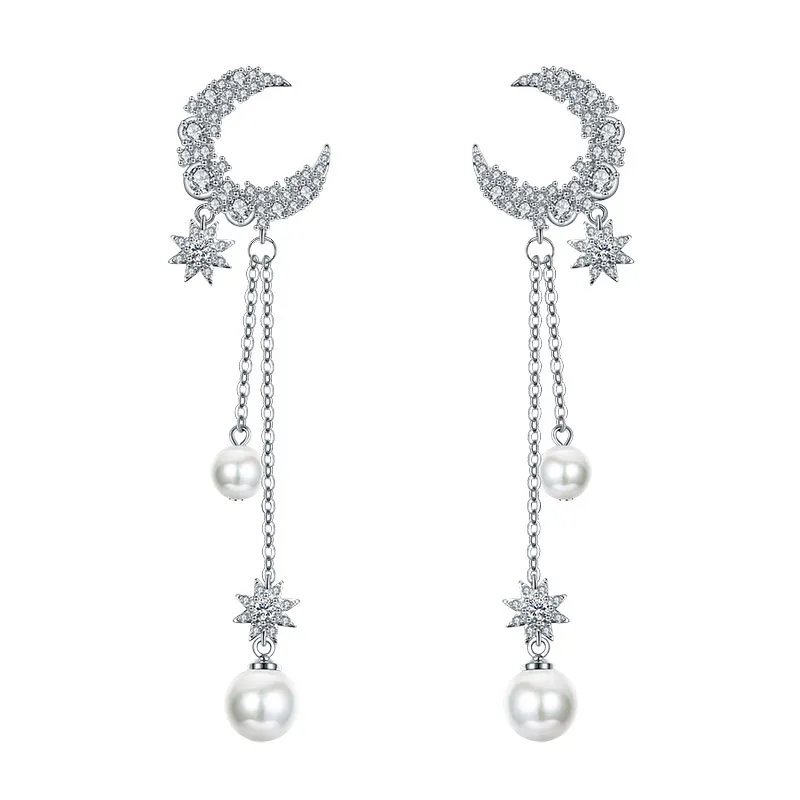 

elegant imitation pearl Moon Star Long Tassel ear nail exquisite Prevent Allergy EarringFashion Personality Pendant High Quality