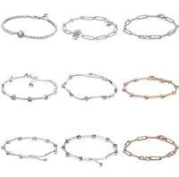 authentic 925 sterling silver moments rose link chain stones bracelet bangle fit women bead charm diy fashion jewelry