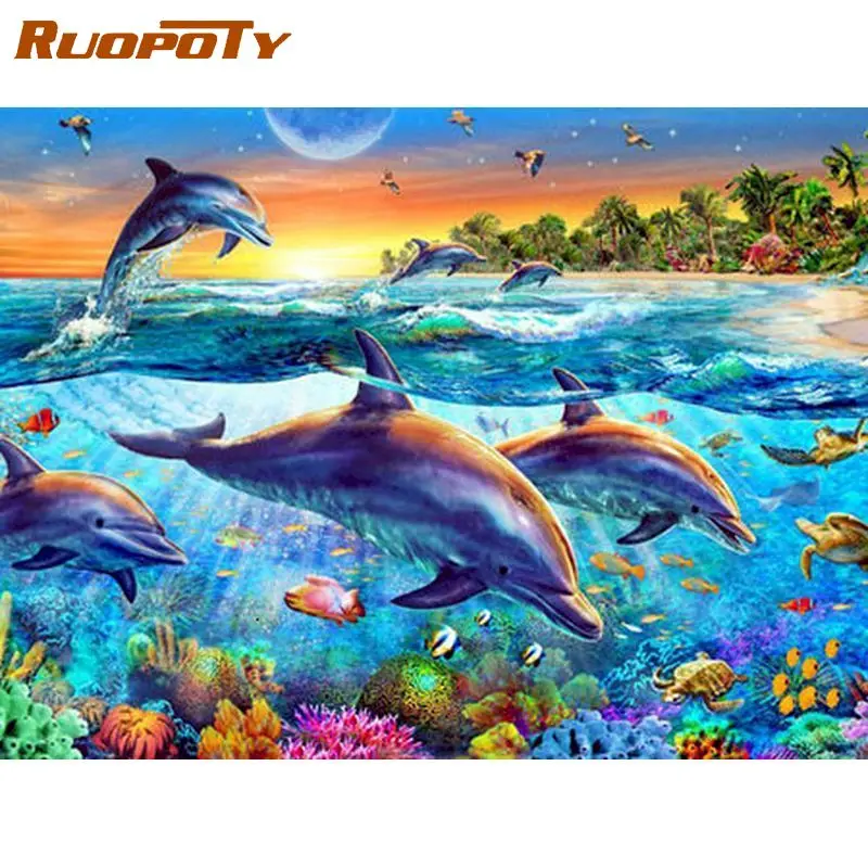 

RUOPOTY Picture DIY Oil Painting By Numbers For Adults With Frame Dolphin Animals Coloring By Numbers For Home Decors 60x75cm