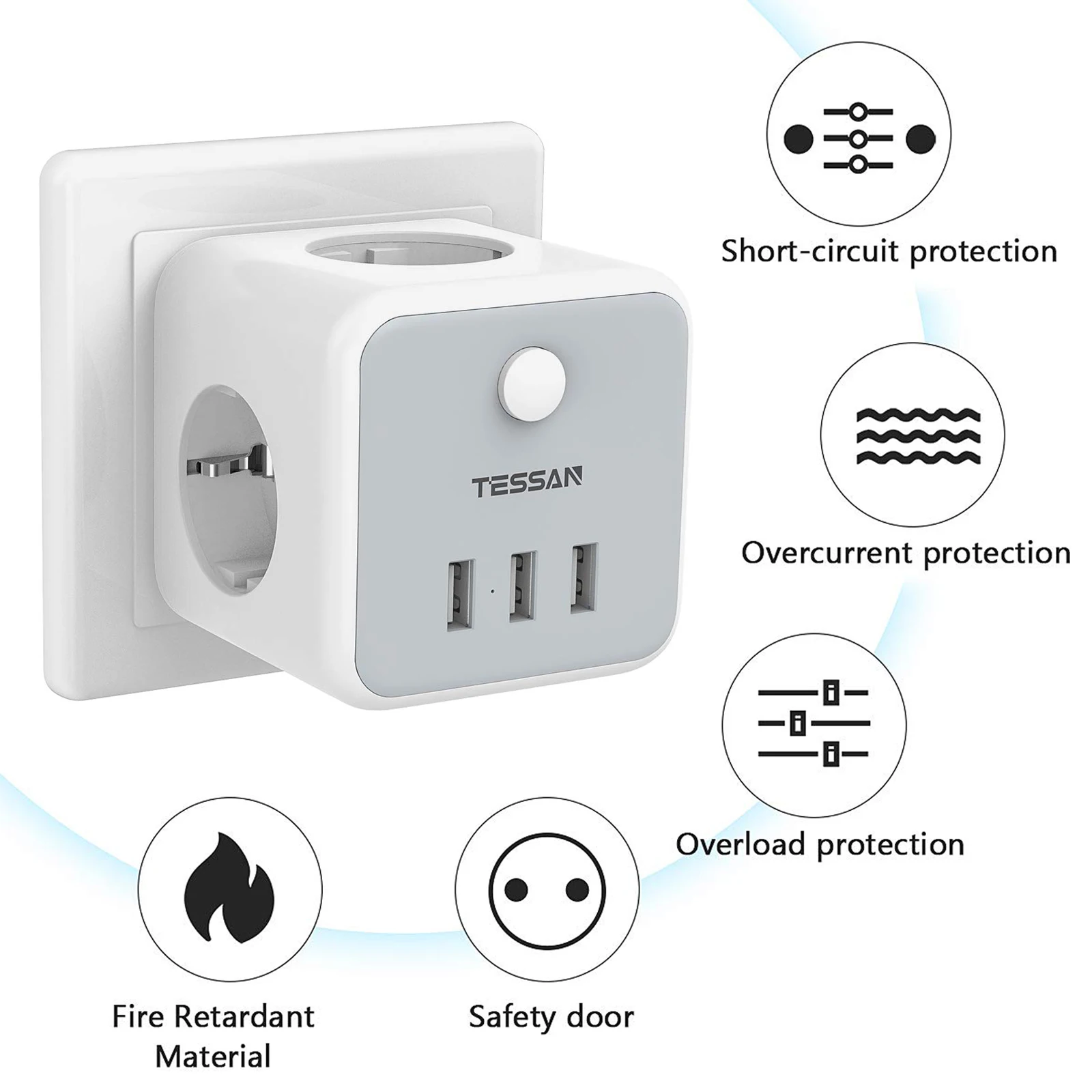 

TESSAN Multiple Socket Cube, Power Strip USB Charger Surge Protection with 3 AC Outlets 3 USB Ports (2500W / 10A) for Home