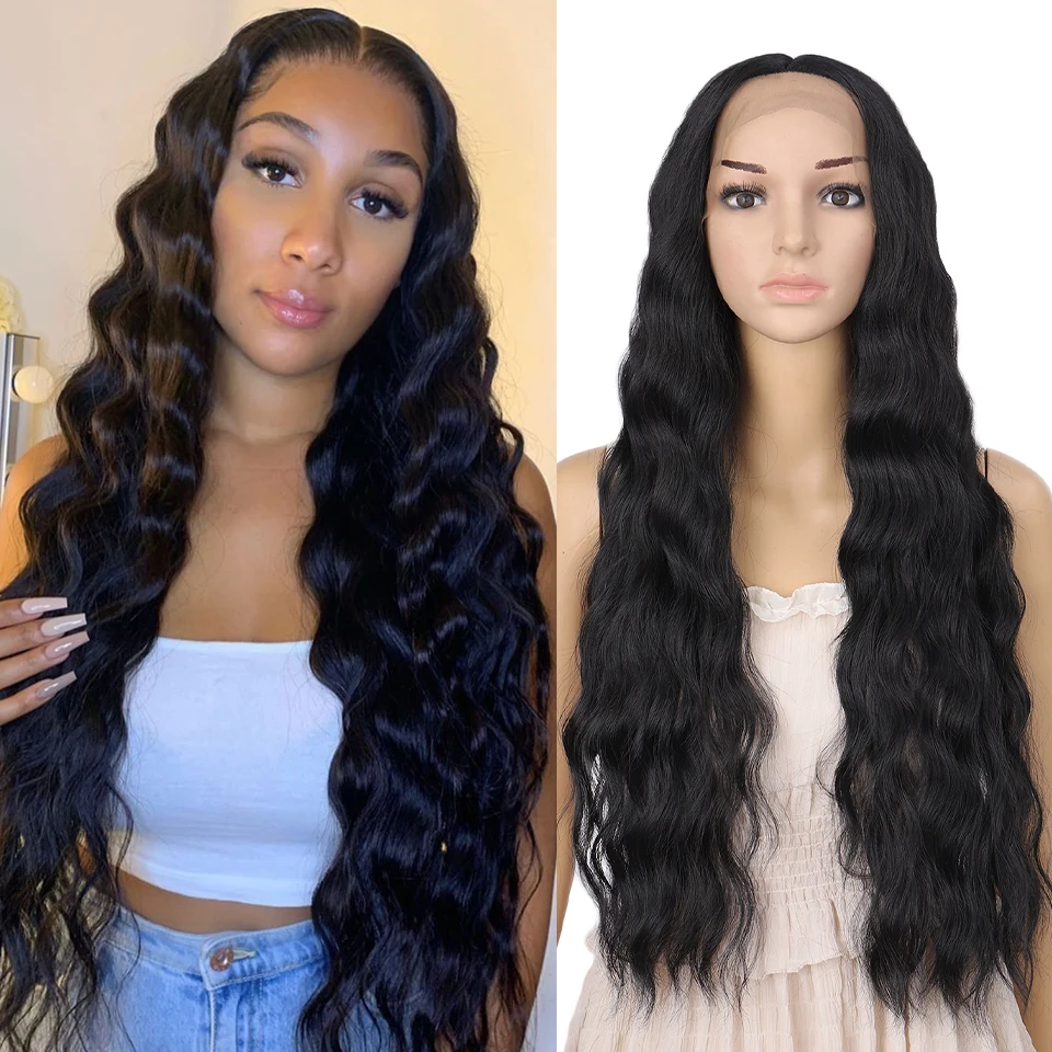 

XUANGUANG Synthetic Wig 26-28 Inch Black Curly Hair Wig Lace Front Middle Section Natural Wavy Hair Cosplay Wig Female Daily