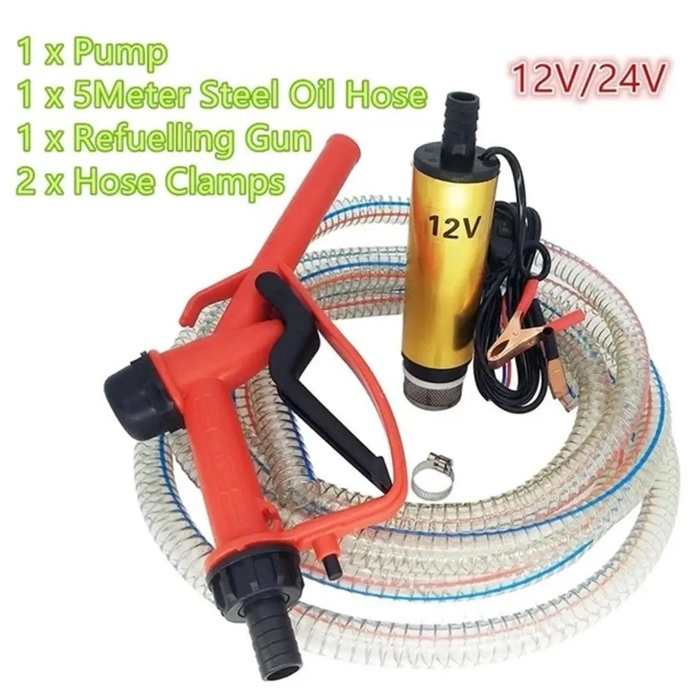 

DC 12V/24V Oil Pump Refueling Gun Combination Set Electric Submersible Pump 5 meter Steel Oil Hose Submersible Fuel Pump