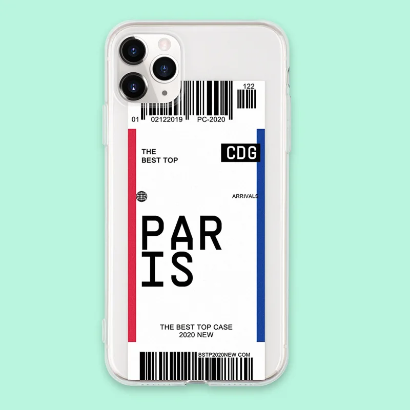 

Air ticket Europe USA city Paris Seatlle Label World Clear case For iPhone 11Pro XR XS Max 7 8 plus Rome Sydney QR code cover