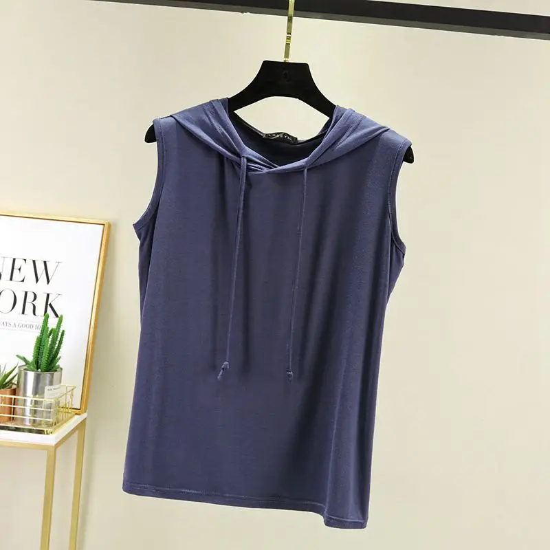 

SHUCHAN T Shirt for Women Tank Top Hooded Summer Modal Casual Sleeveless Solid Streetwear Women Tops Fashion