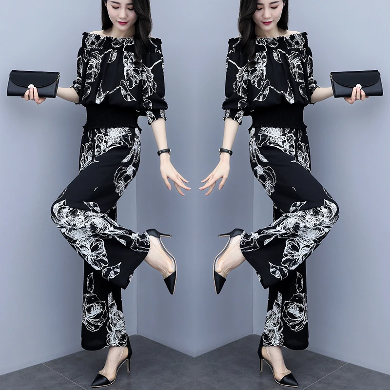 

Three Quarter Sleeve Elastic Slash Neck Women Top And Wide Leg Full Pants Floral Print Elegant Vintage Summer Women Sets