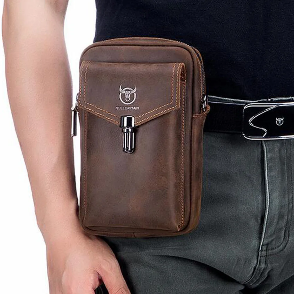 

BULLCAPTAIN Men's Belt Waist Bags Crazy Horse Leather 7-inch Mobile Phone Bag Bag Male Shoulder Messenger Pouch Bages