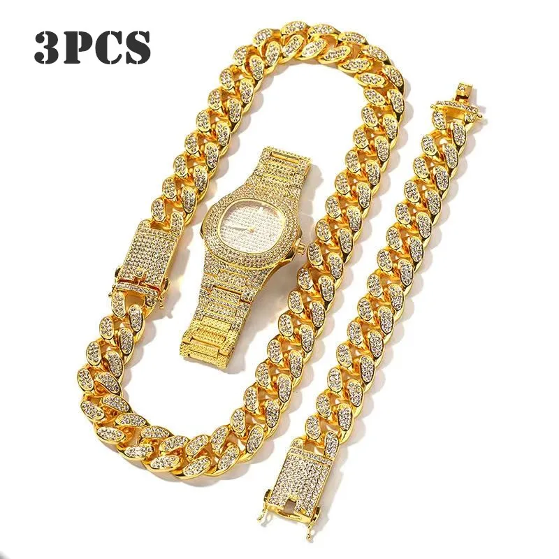 

3 Pcs Necklace+Watch+Bracelet Hip Hop Miami Cuban Chain Gold Color Iced Out Paved Rhinestones CZ Bling Rapper Men Jewelry Joyas