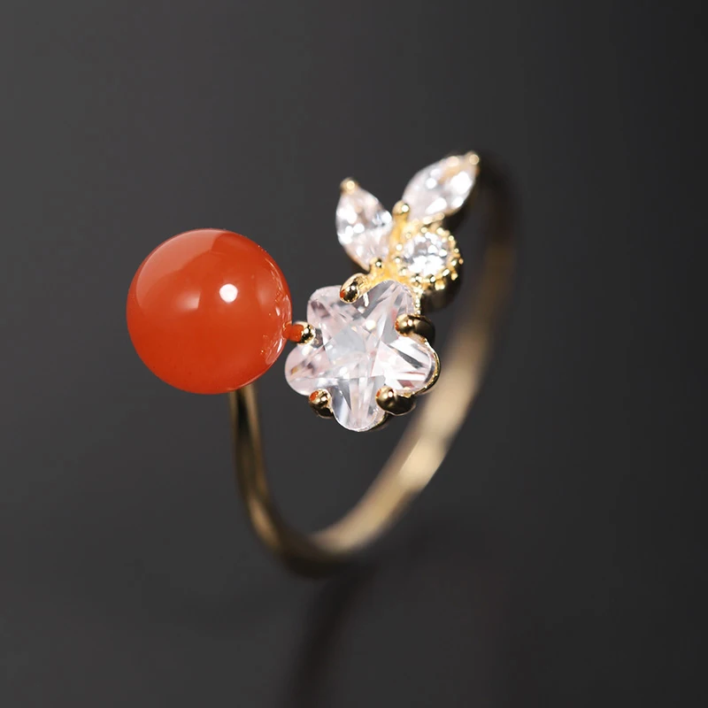 

DAIMI 6-7mm Persimmon Red Agate Ring Natural Gemstones 925 Sterling Silver Open Ring For Mother