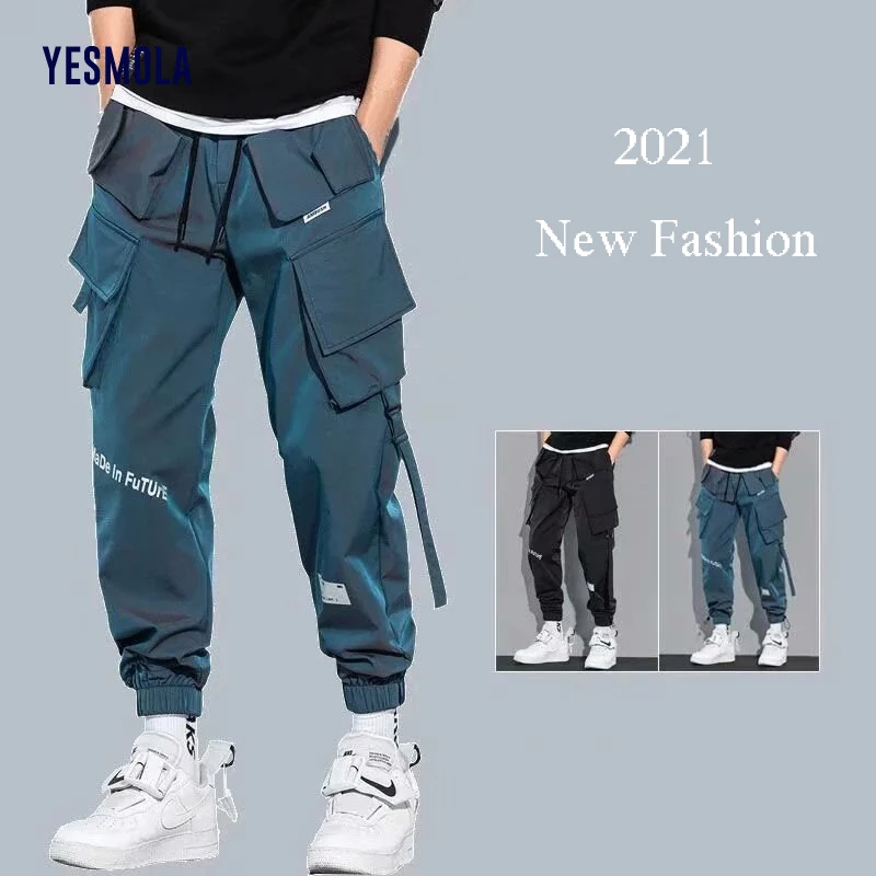 

YESMOLA Overalls Men's Fashion Brand Loose Legged Pants Ribbon Multi Bag Casual Pants Autumn Sport Pants Hip Hop Streetwear Pant