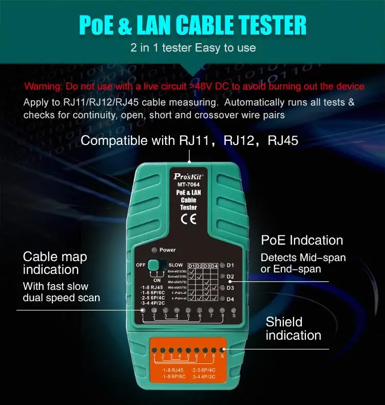 Тестер кабеля Pro'sKit 2 в 1 MT-7064 PoE и LAN для тестера RJ11/RJ12/RJ45 PoE-IEEE 802 3 af/at standard Midspan/Endspan |