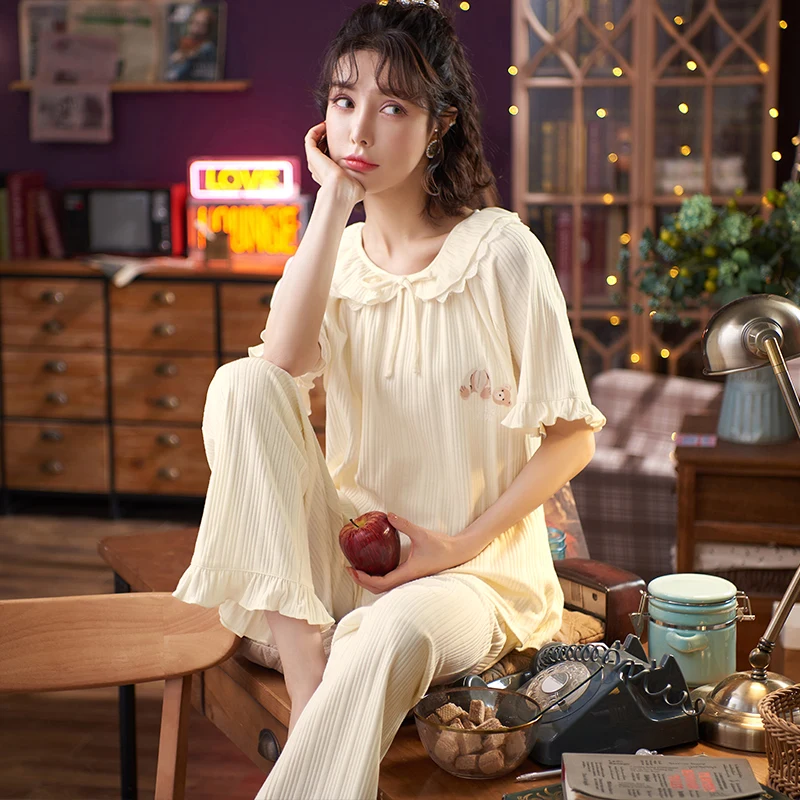 

2021 Summer Cotton Women Pajamas Set New Lazy Princess Style Loose Leisure Short Sleeve Top+ Pant Women Sleepwear Home Tracksuit