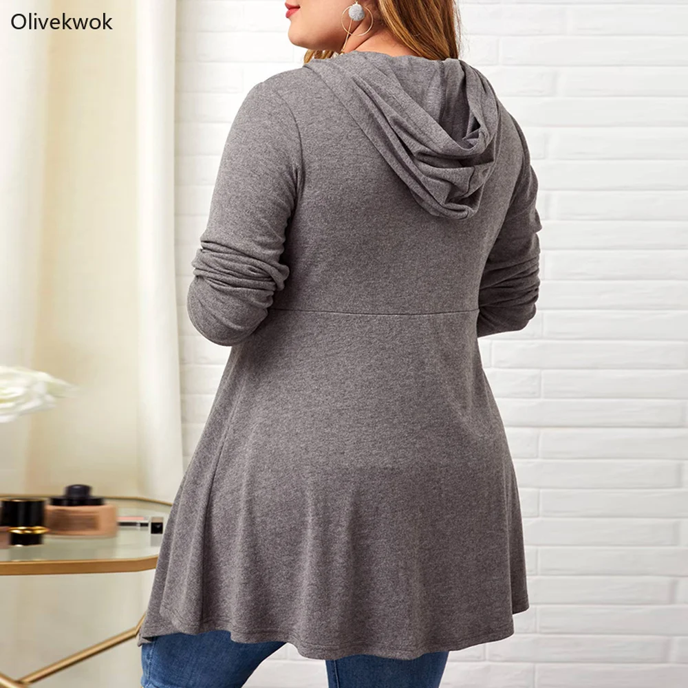 Olivekwok размера плюс Женские повседневные топы с капюшоном и пуговицами длинным