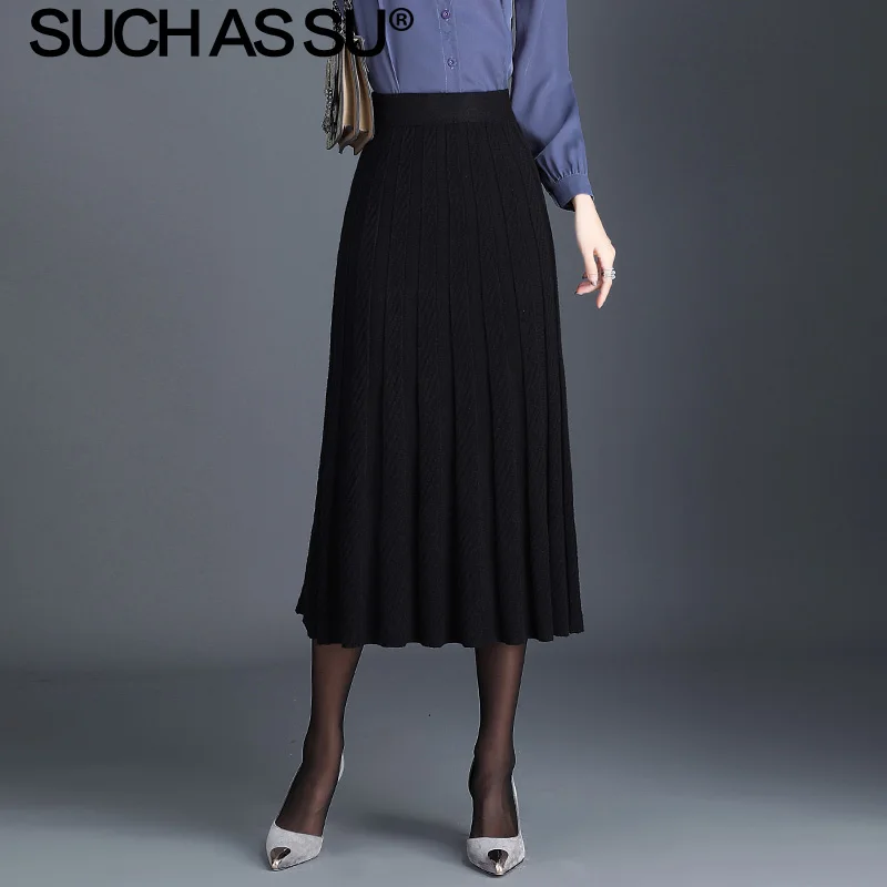 Black Skirt Новинка, женские вязаные юбки, Осень-зима, черный, серый, абрикосовый цвета, высокая талия, плиссированная юбка, тонкая, с оборками, средней длины, Женская юбка - Цвет: Black Skirt