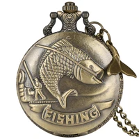 delicate carved fish quartz pocket watch punk fishmen fishing necklace pendant fob chain clock for men with fish tail accessory