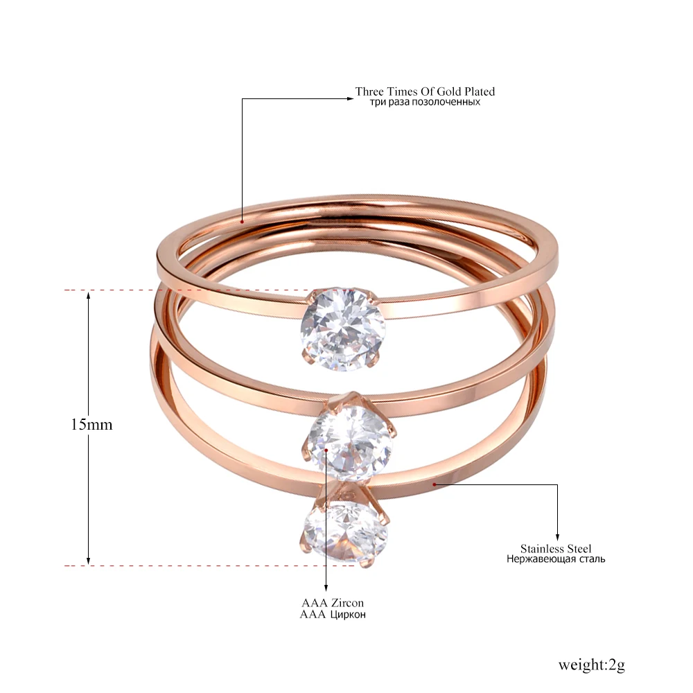 ZooMango Rose Gold Color Engagement 3 Layers CZ Crystal Finger Rings For Women Girls Wedding Rings Anillos Body Jewelry ZR18038