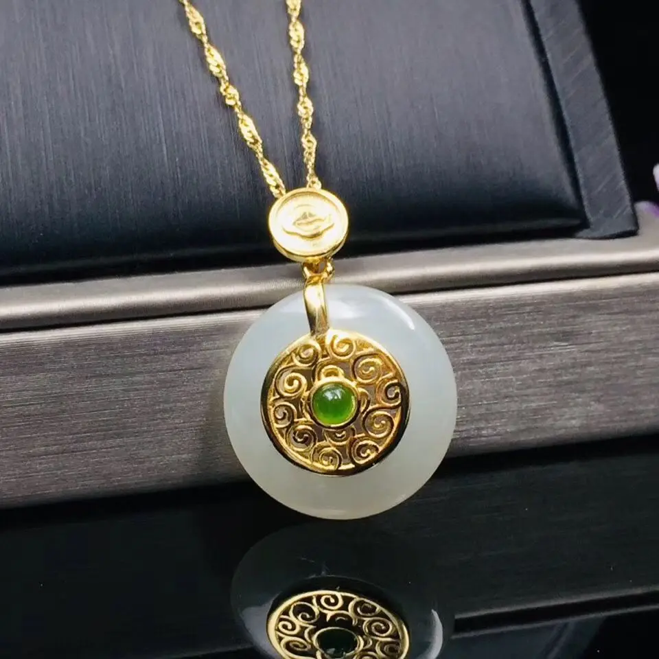 

Hetian Jade Safety Buckle Pendant Women's Jade Sceptre Border Necklace Chinese Style Vintage Jade Necklace Palace Style to