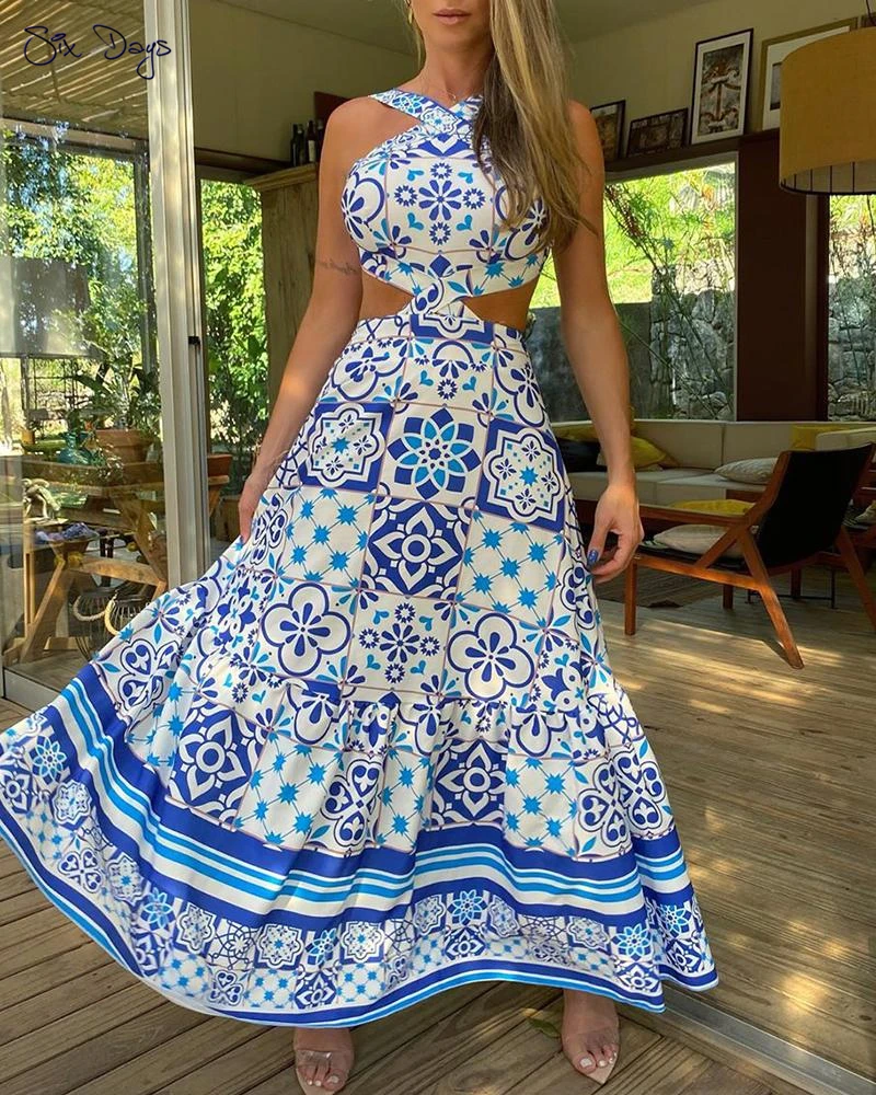 

Vintage Printed Dresses Summer 2021 Women Casual Party Holiday Sleeveless Halter Sexy Hollow Out Long Dress A-Line Elegant Blue