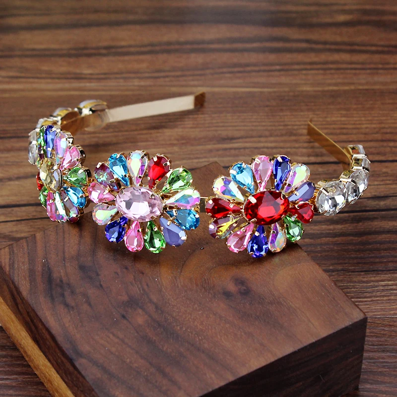 Korean Fashion Gold Crystal Jewel Bridal Hairband Luxurious Rhinestone Floral Tiara Headbands For Women Party Hair Accessories | Украшения