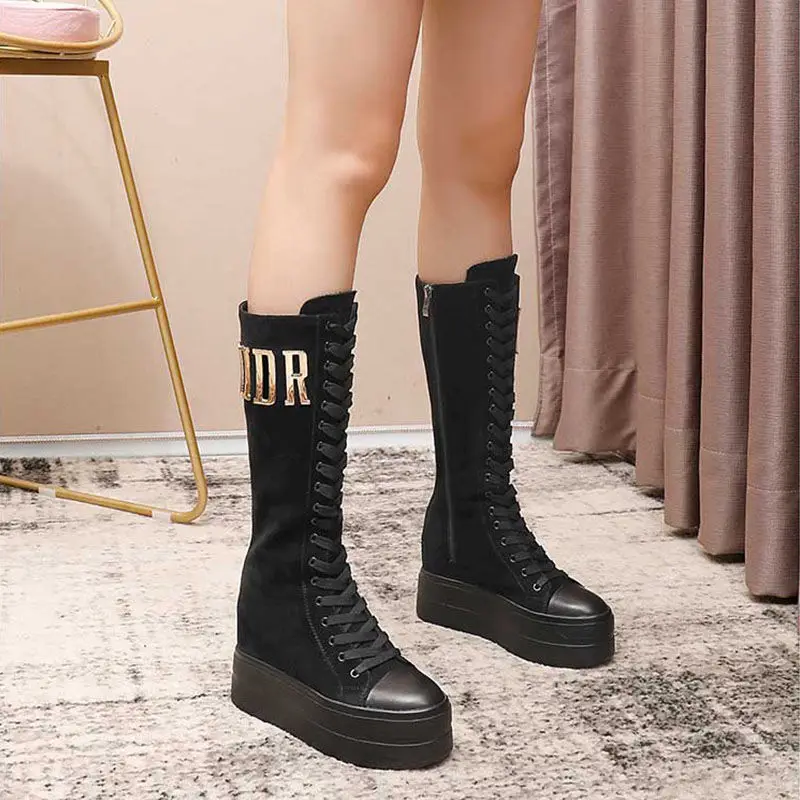 

10cm thick bottom inside high middle boots canvas slope heel super high heel versatile autumn and winter new Martin boots women